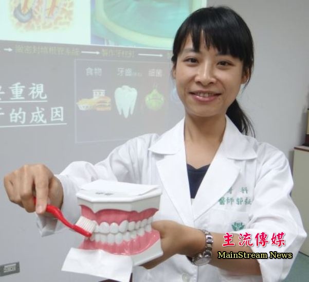 奇美醫學中心牙醫師郭祉吟建議將牙刷以仰角45度放在牙齒與牙肉間，輕輕依序刷兩顆牙齒。（記者陳祺昌攝）