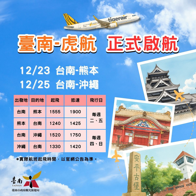 台南直飛日本航班出爐!虎航機票這2天促銷價開賣 台南直飛日本熊本、沖繩航班。
