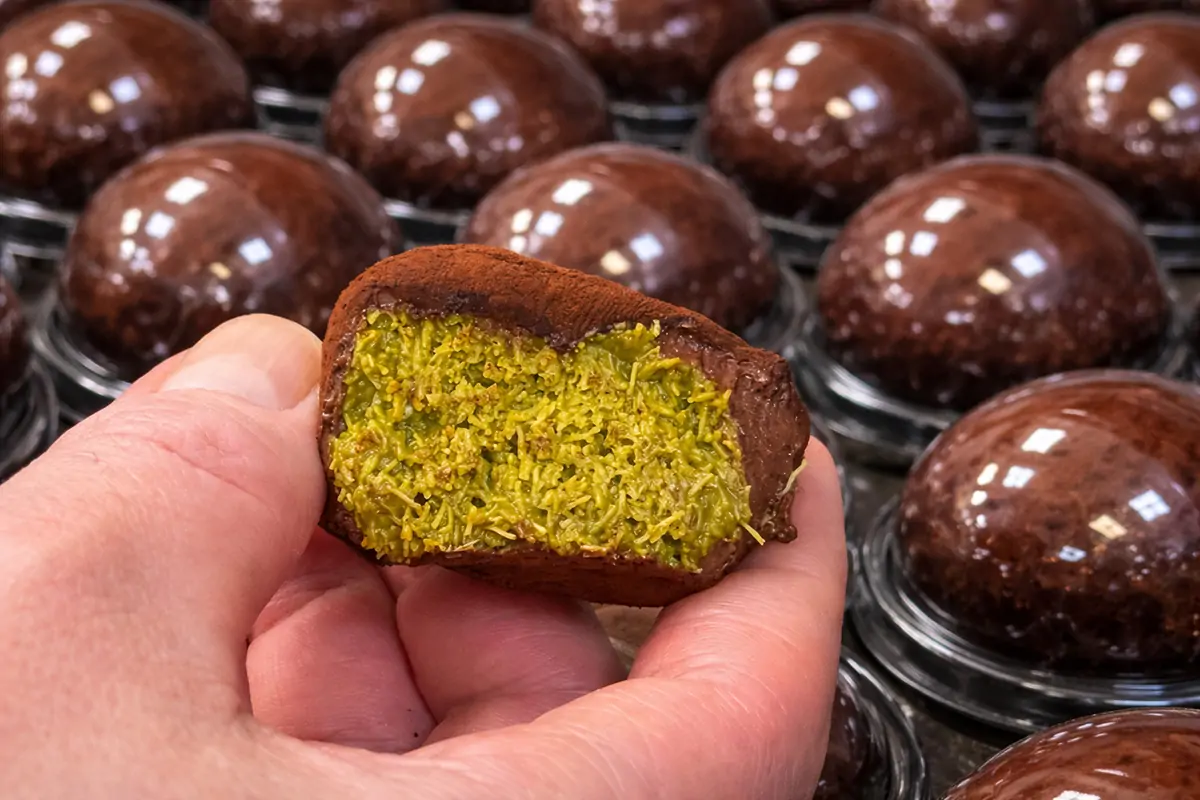 台南遠東香格里拉品香坊「杜拜巧克力Q餅」,包覆開心果與卡達伊夫(Kataifi)酥絲內餡,呈現的多層次口感。(圖/台南遠東香格里拉提供)